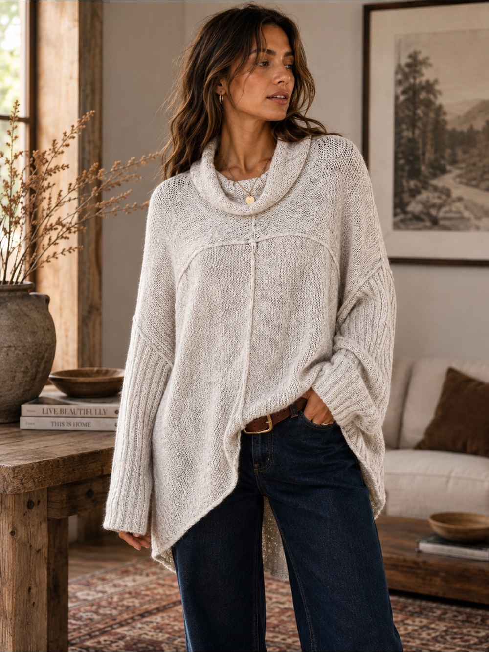 Free People Oversized Ivory Cowl Neck Chunky Knit Sweater Size S